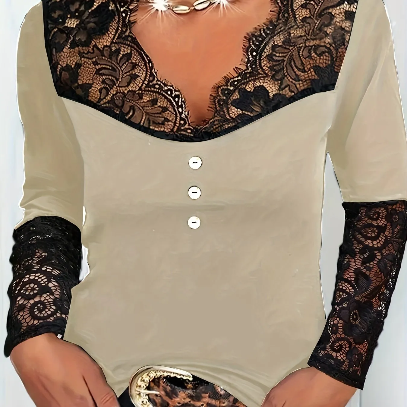 Women's Plus Solid Contrast Lace V-Neck Knit Top with Button Decor - Elevate Your Style with Effortless Elegance