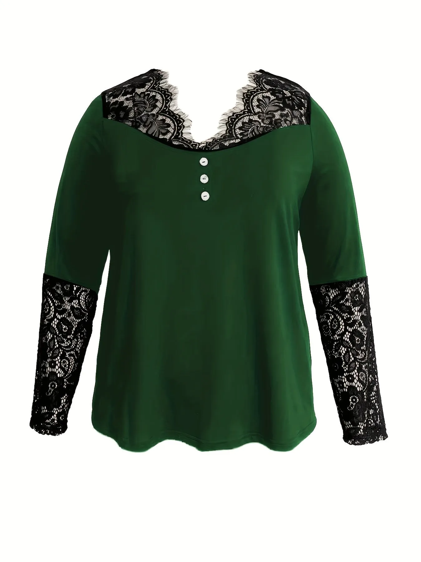 Women's Plus Solid Contrast Lace V-Neck Knit Top with Button Decor - Elevate Your Style with Effortless Elegance