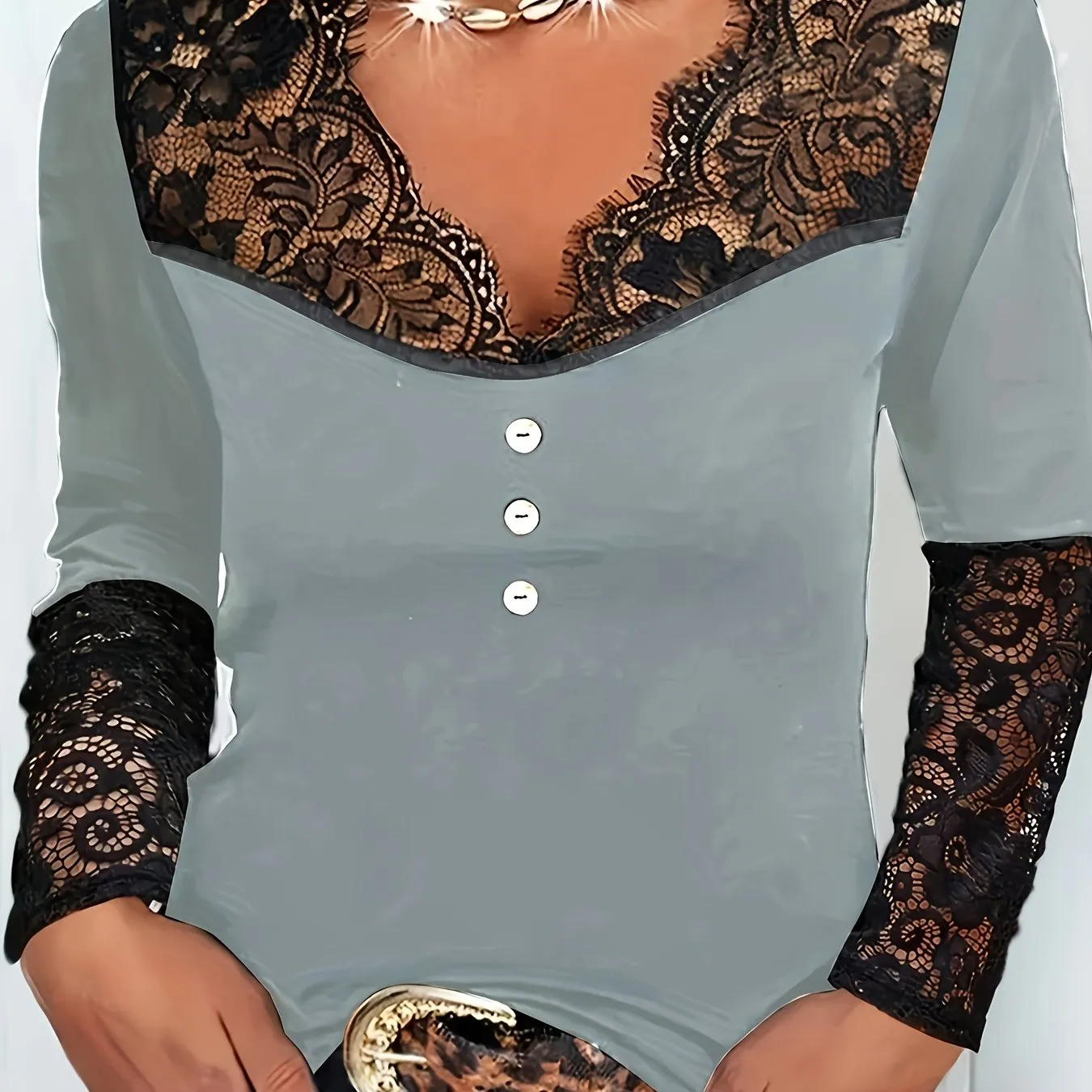 Women's Plus Solid Contrast Lace V-Neck Knit Top with Button Decor - Elevate Your Style with Effortless Elegance