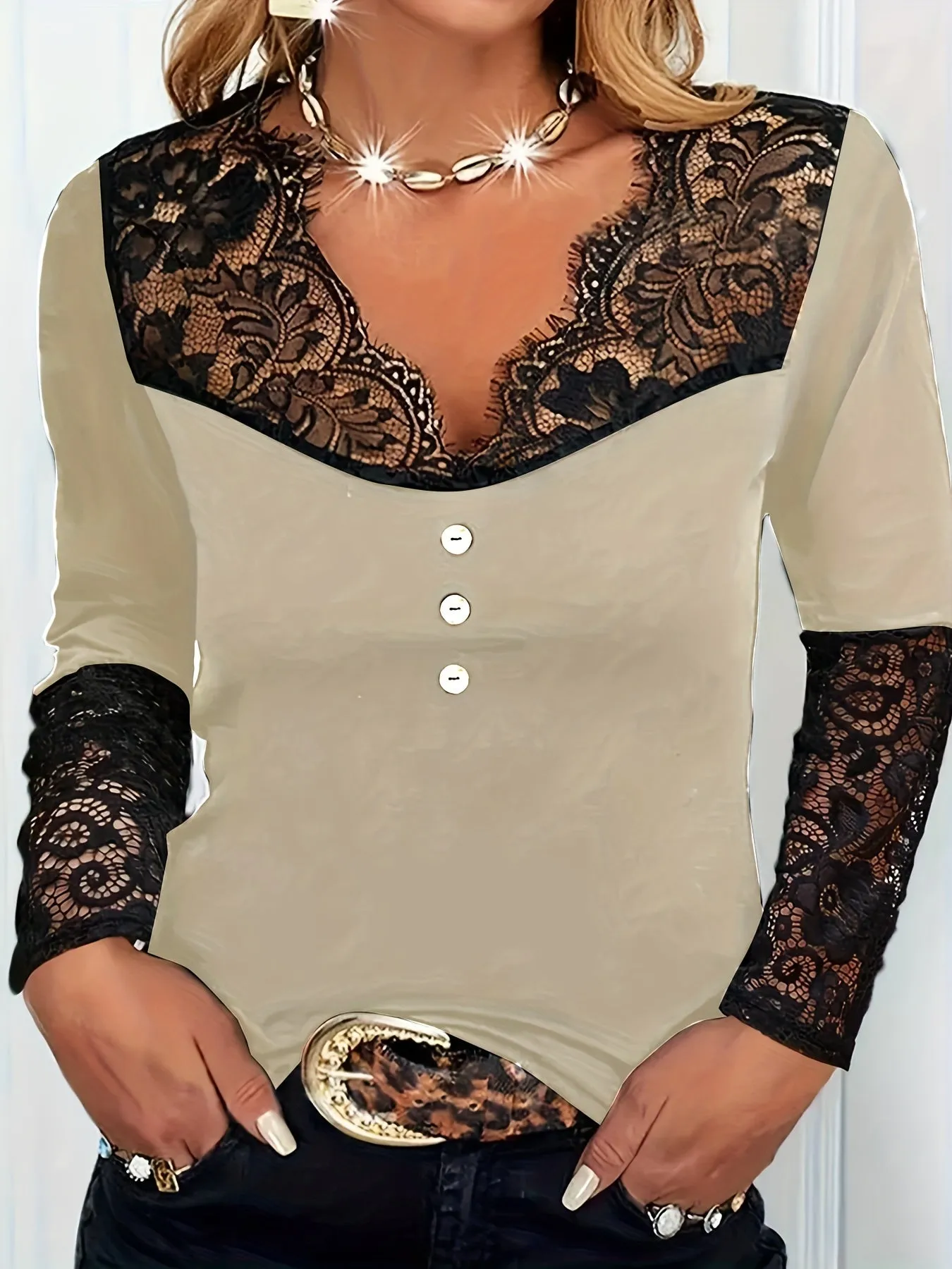 Women's Plus Solid Contrast Lace V-Neck Knit Top with Button Decor - Elevate Your Style with Effortless Elegance