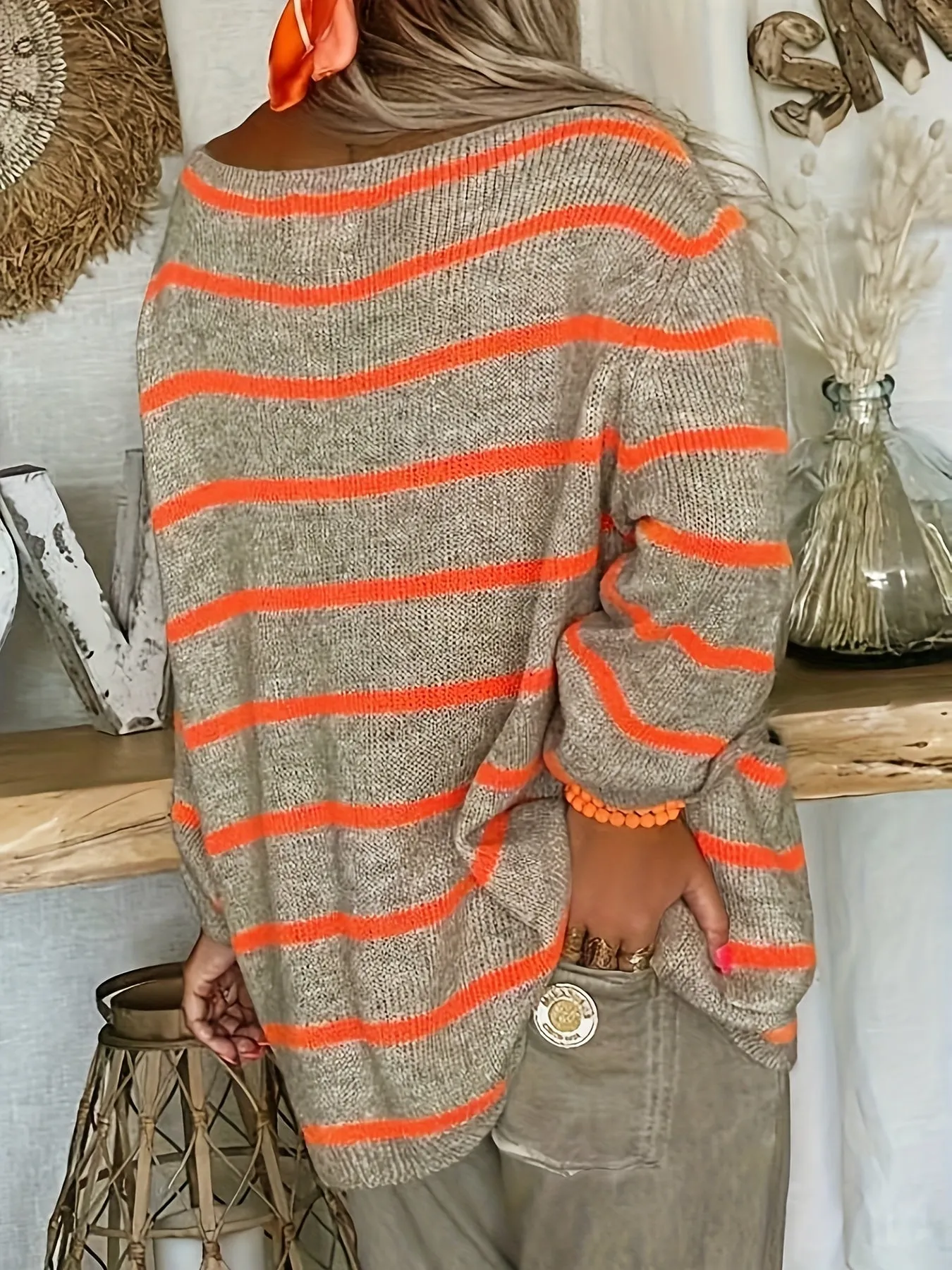 Women's Plus Stripe Print Long Sleeve Boat Neck Sweater with Pockets - Effortless Style for Every Occasion