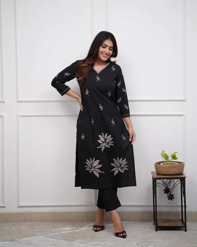 Women's Viscose Floral Embroidered Straight Kurta Set With Pant