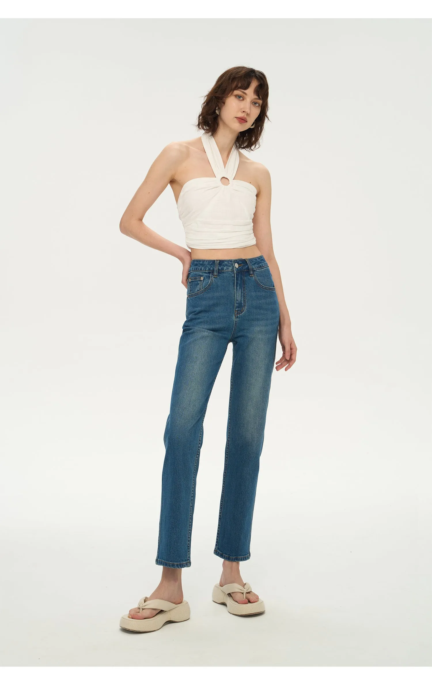 WR-Women's straight jeans high waist loose with a hundred stretch pipe nine-quarter pants